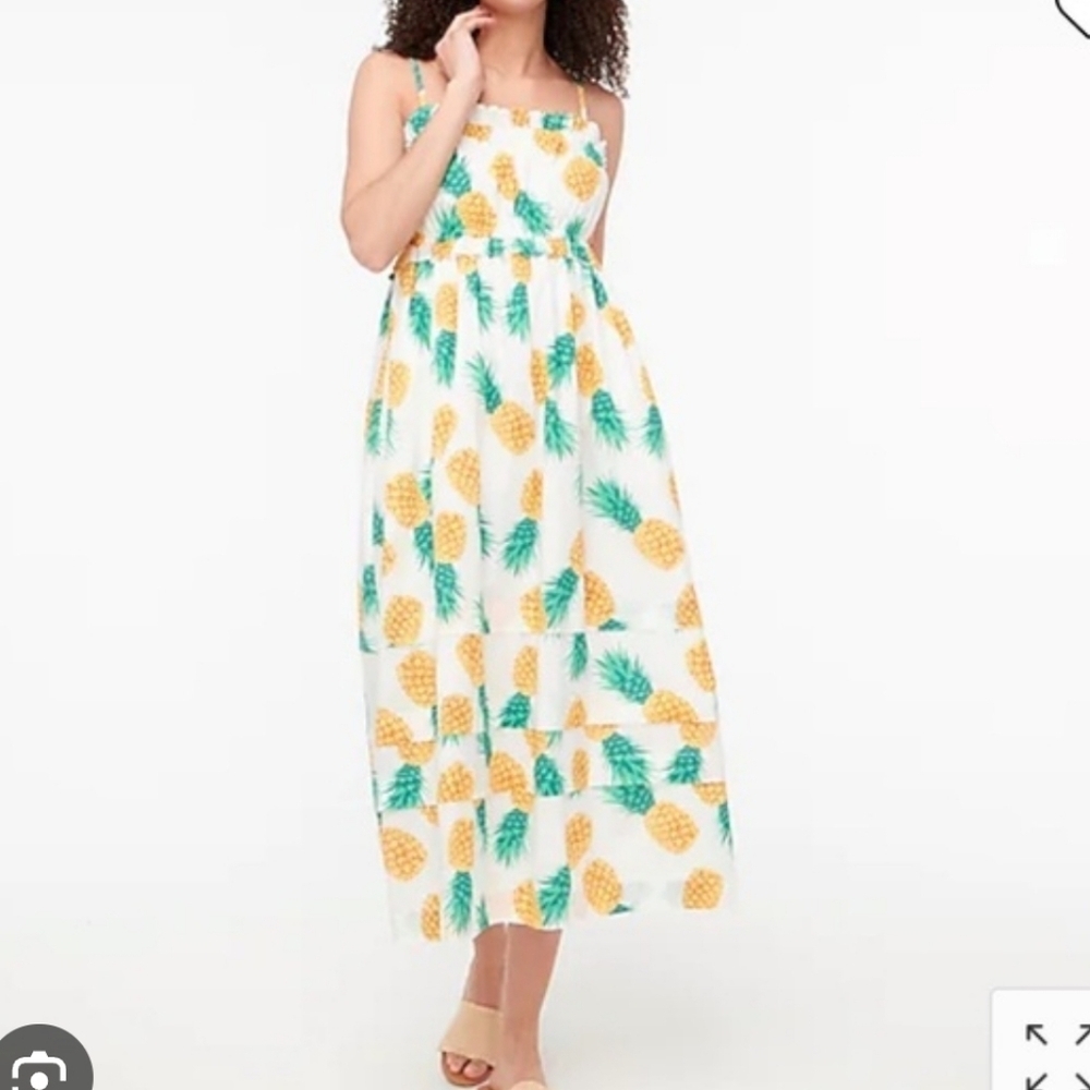 J. Crew Pineapple Print Squareneck Ruffle Cotton Maxi Dress 6P Tiered Pockets